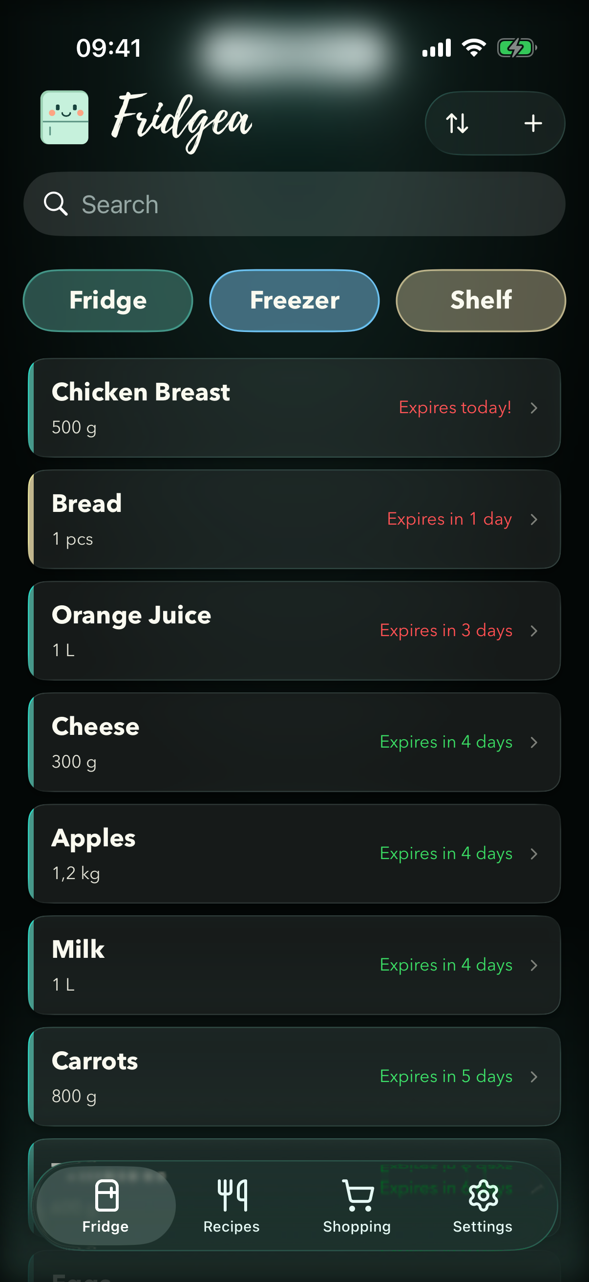 Fridgea showing fridge contents with expiration color coding
