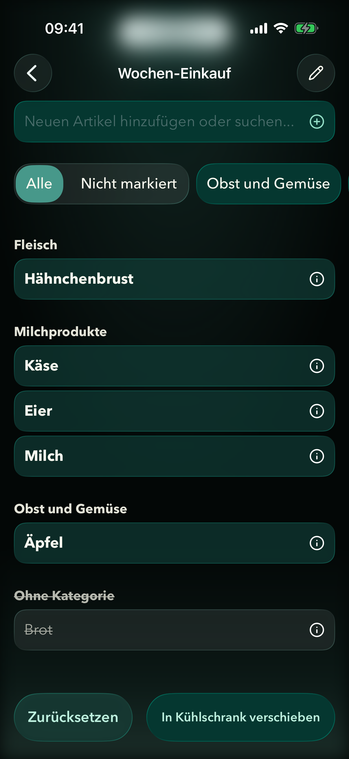 Fridgea-Einkaufsliste mit aus Apple Notes importierten Einträgen, nach Kategorien gruppiert