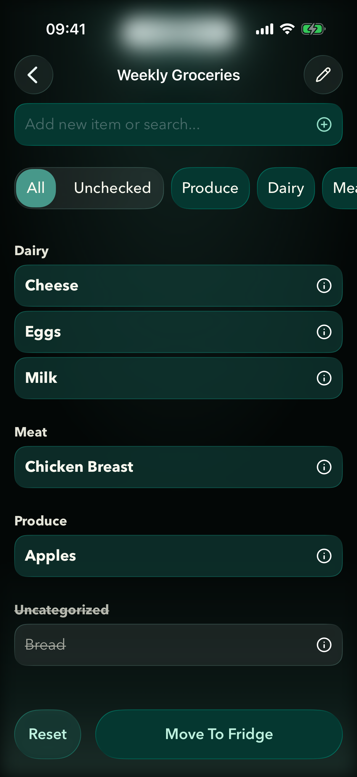 Fridgea shopping list populated from an imported Apple Notes list, grouped by category