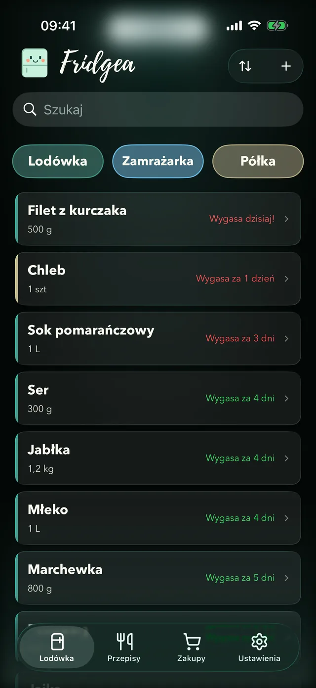 Aplikacja Fridgea — stan lodówki